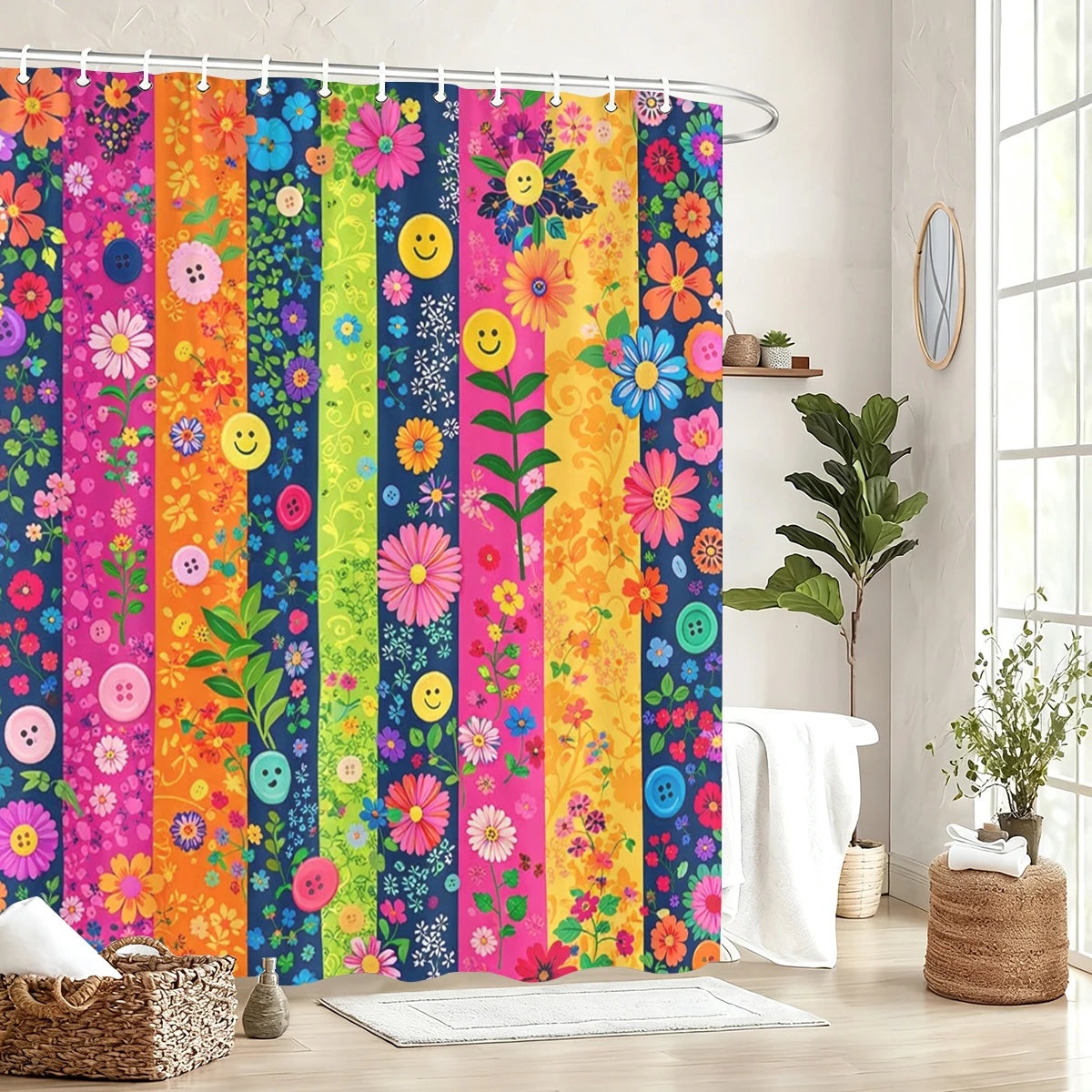 rideau douche moderne multicolore motifs floraux opaques fleurs sourires boutons 12 crochets plastique durable