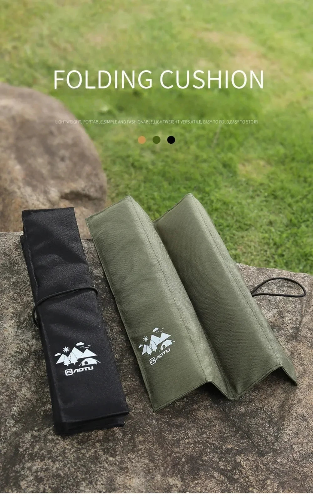 coussin pliable plein air camping noir vert olive imprimé logo blanc texture tissée pratique