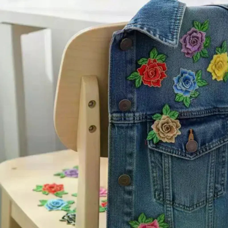 broderies 3d fleurs roses pivoines adhésif transparents motifs floraux couleurs bleues vertes rouges jaunes