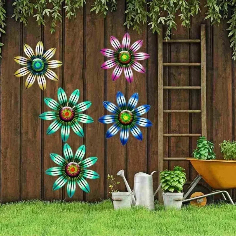 décoration murale moderne fleur stylisée jaune rouge vert bleu rayures colorées