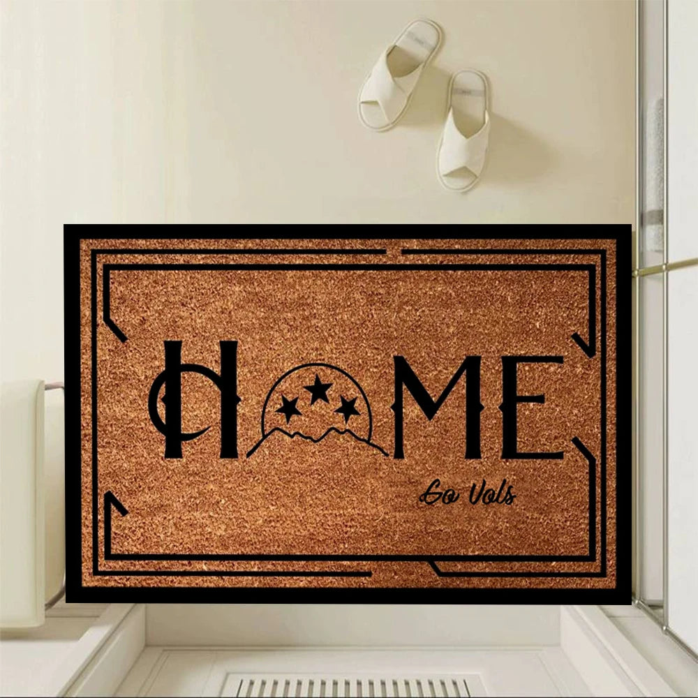 tapis d'entrée marron clair motif coccinelle étoiles bordure noire anti dérapant moderne