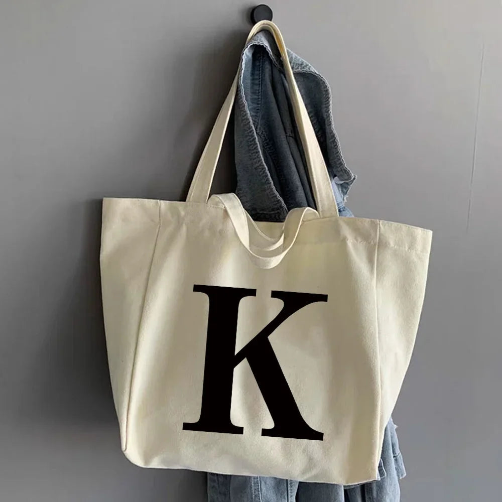 sac main femme toile beige clair lettre noire poignées détachables
