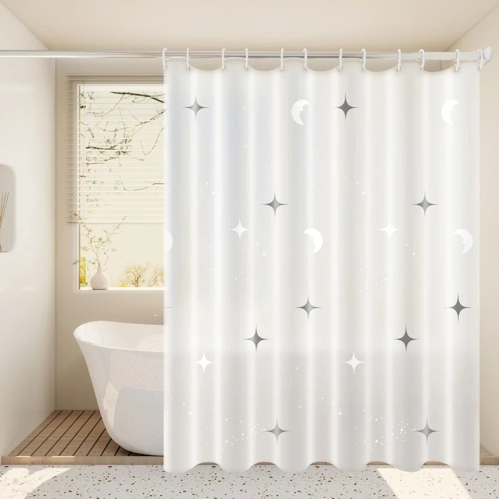rideau douche blanc moderne cercles étoiles lunes flocons neige translucide anneaux sans perçage