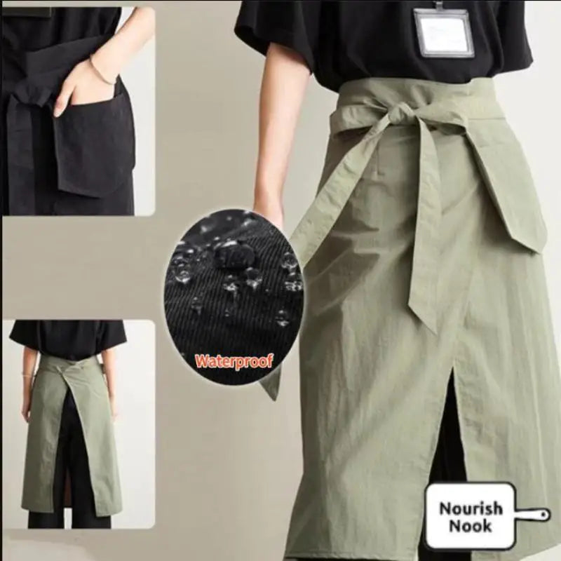 tablier cuisine imperméable polyester noir vert olive marron clair moderne poche grande ceinture ajustable