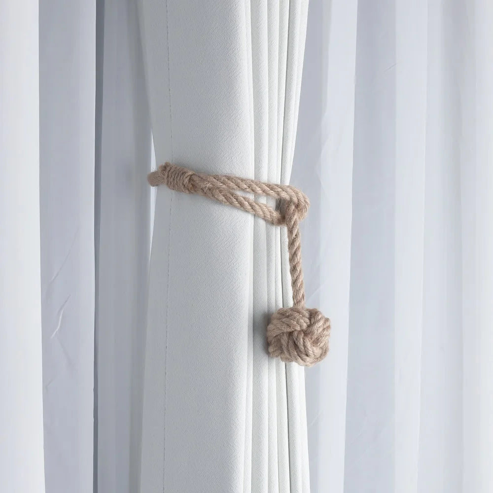rideaux moderne bleu blanc corde nouée pompon coton chanvre uni opaques 60cm