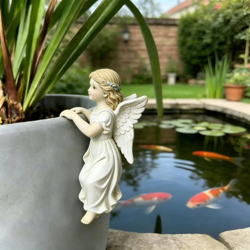 statue décorative résine ange pot fleurs suspendu jardin plantes verte bassin poissons carpes koï