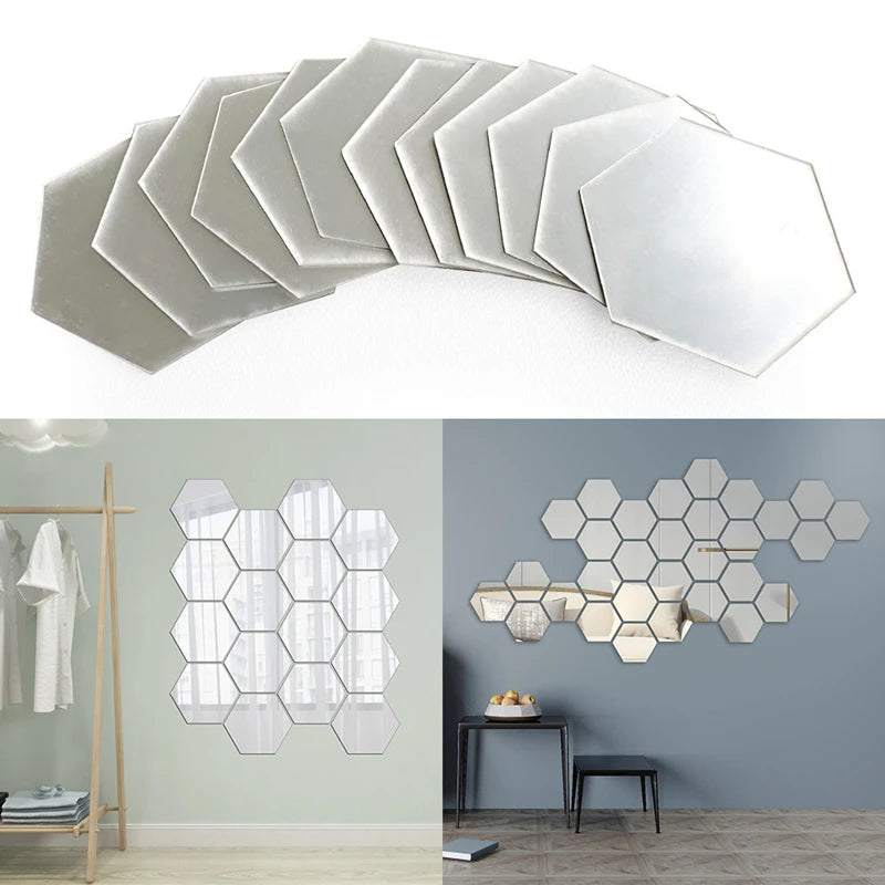 miroirs hexagonnels gris modernes adhésif intégré 8cm 7cm 12 pièces