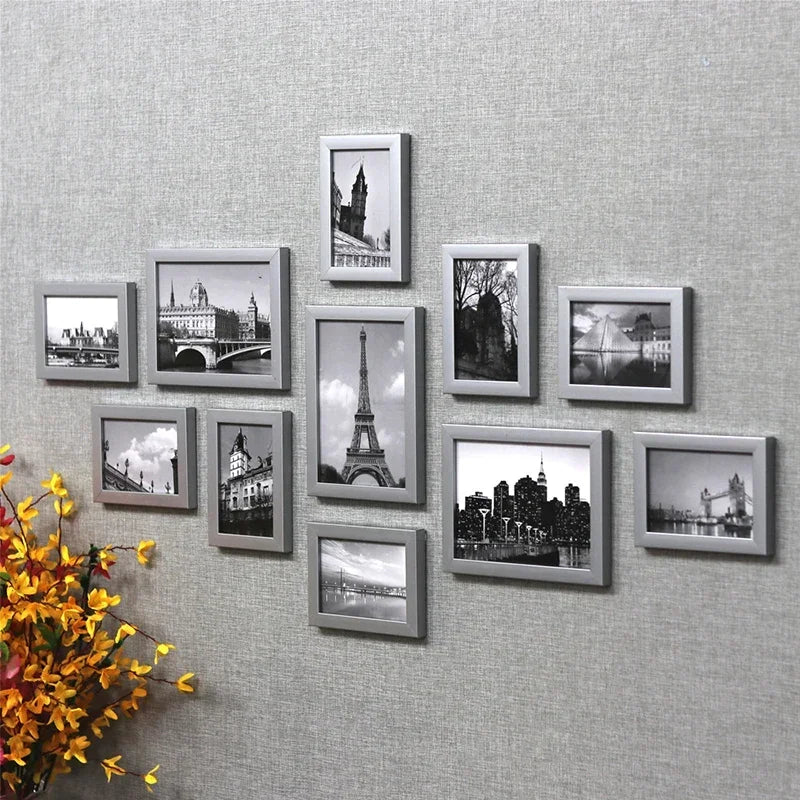 cadres photo moderne ensemble noir jaune bleu gris texturé opaques protections salon decoration