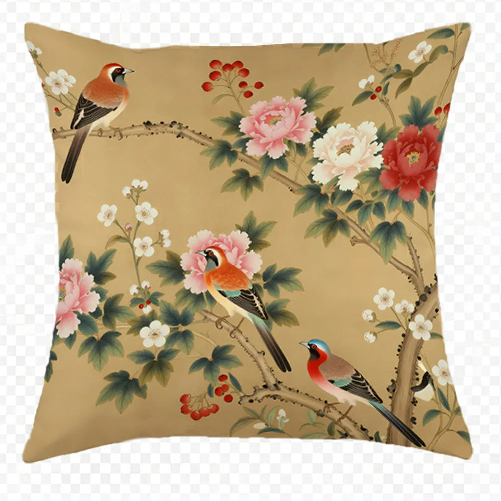 taies d'oreiller imprimées fleurs oiseaux vintage polyester beige zipper 45x45cm décoration maison hospitalière