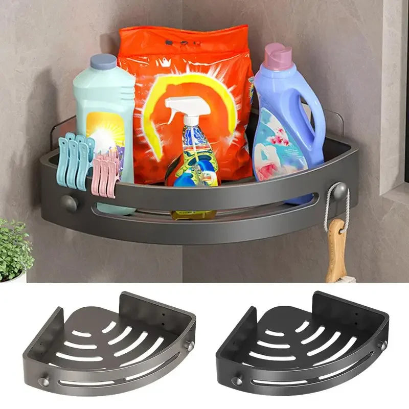 étagère murale triangulaire salle bain gris métal crochets rangement douche moderne autocollante