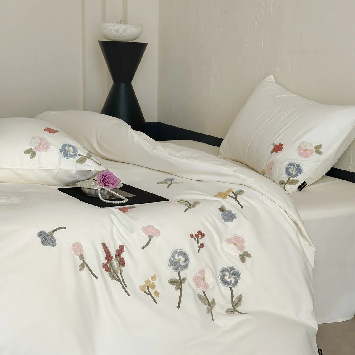 ensemble literie brodé fleurs blanc moderne 100 polyester pièces taies oreiller couvre lit housse