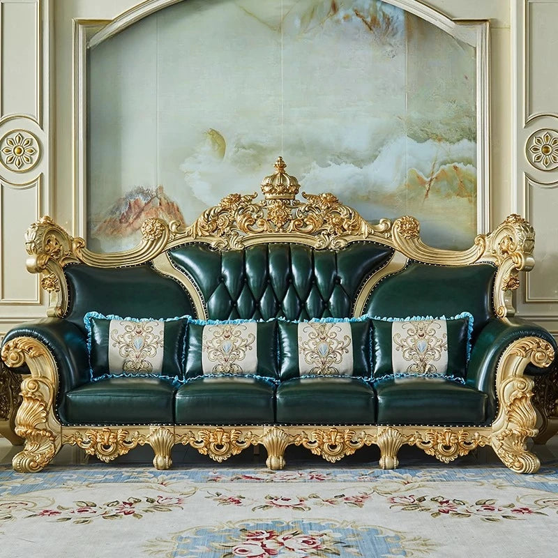 canapé places fauteuil cuir vert foncé ornements dorés baroque moderne coussins décoratifs