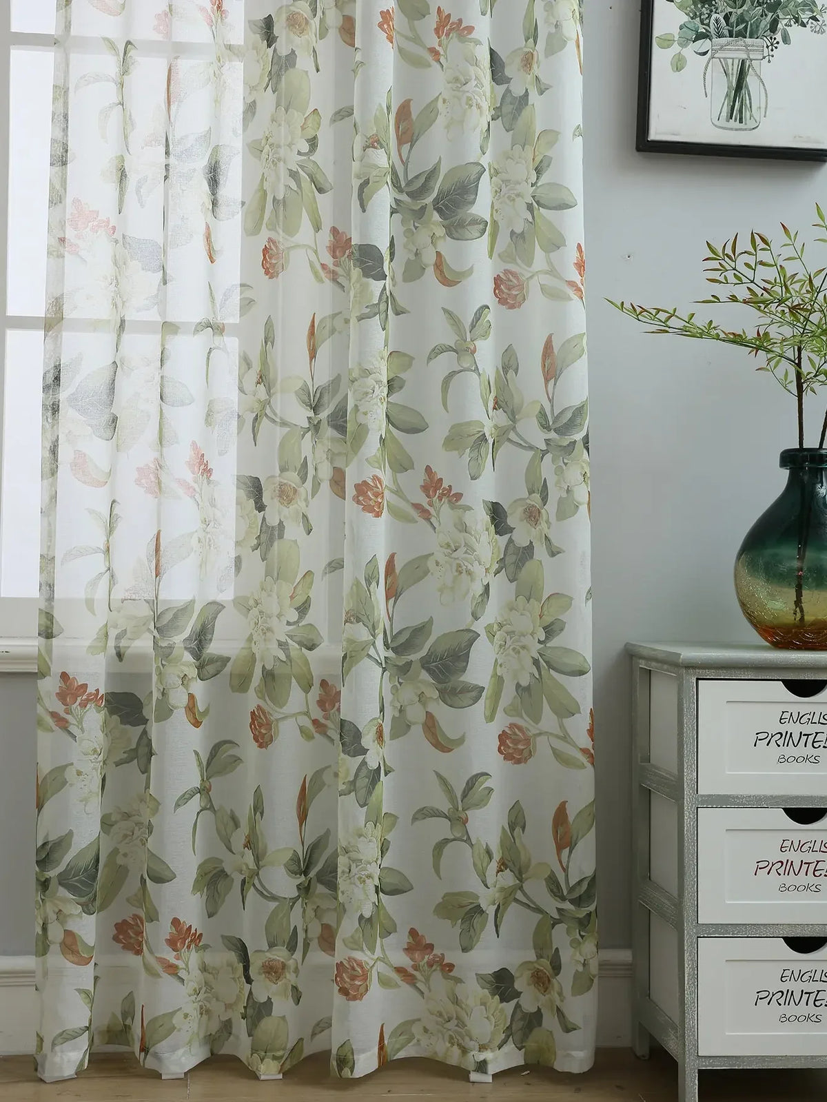 rideau moderne fleuri blanc vert orange beige translucide maison polyester