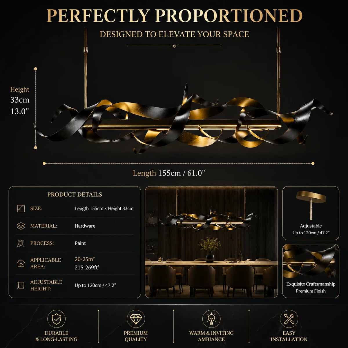 lampe suspendue moderne élégante noir doré sculptural finition métallique luxueuse 120cm adjustable