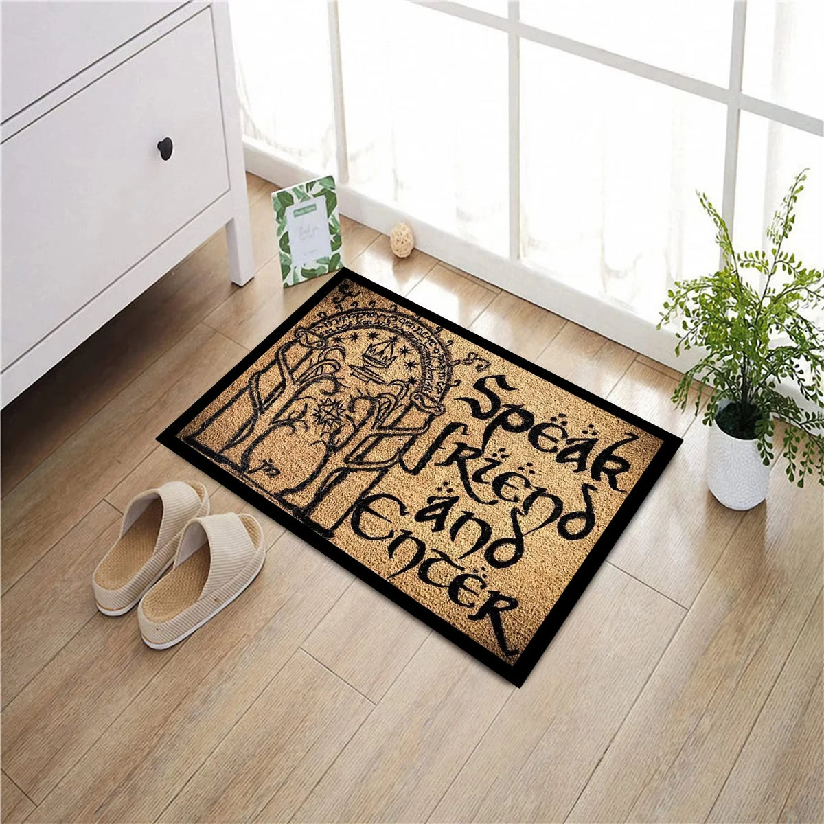 tapis d'entrée imperméable antidérapant noir beige motif circulaire symboles lettres texture velours