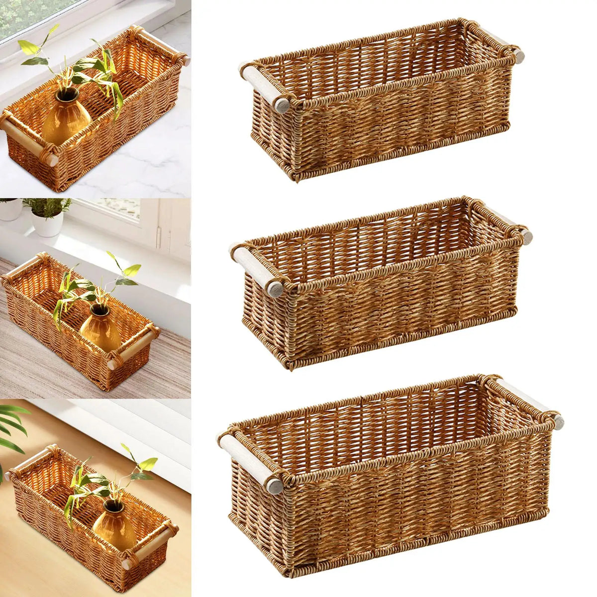 paniers rangement tressés marron poignées bois bohème organisation salle bain cuisine