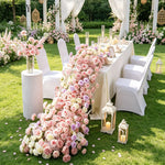 décoration événement mariage romantique fleurs roses artificielles feuilles sombres cascade fixée structure métallique