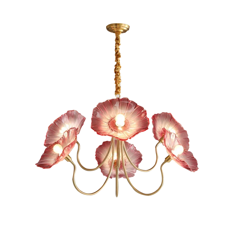 lustre moderne or rouge blanc feuilles florales translucides chambre salon