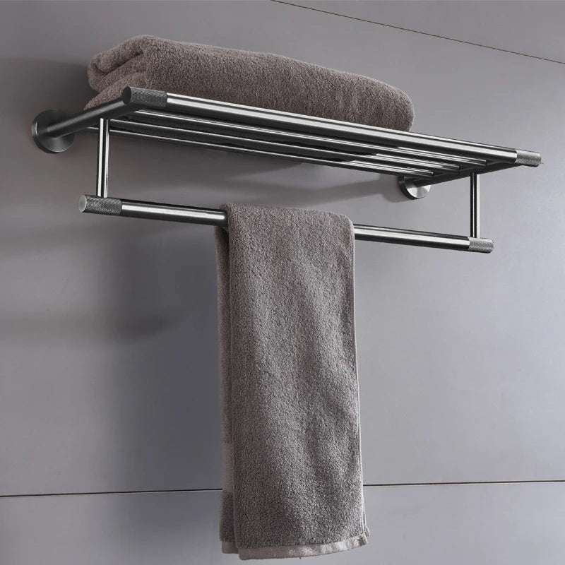 ensemble accessoires salle bain noir mat porte serviettes mural moderne métal brossé