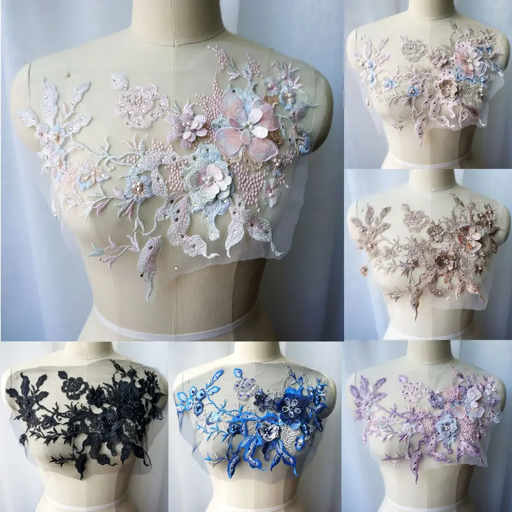 appliques textiles broderie 3d fleurs relief coton rose clair bleu clair noir coudre écologique