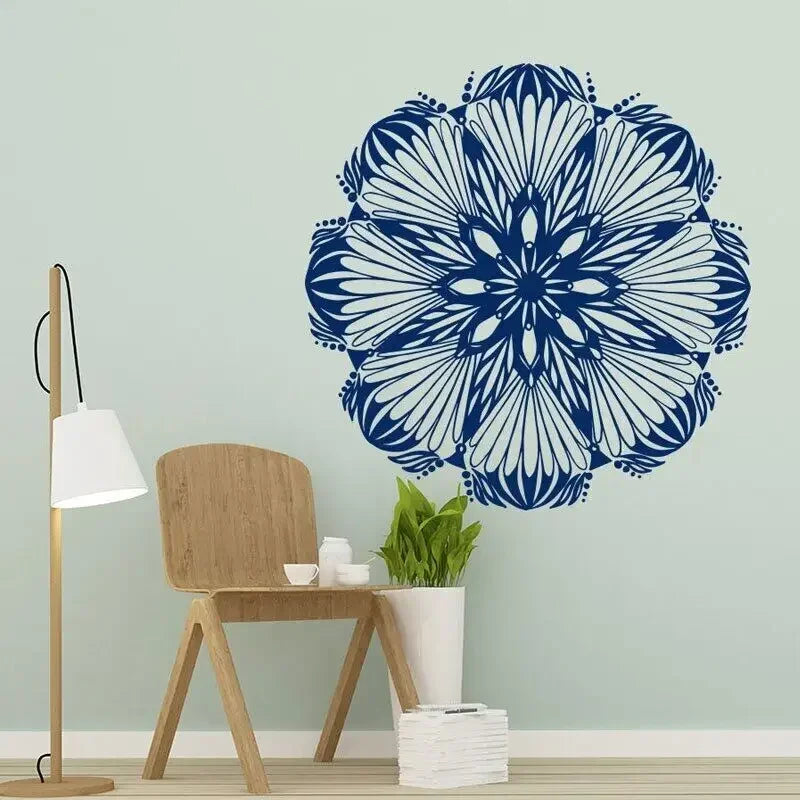 sticker mural moderne fleur bleu marine blanc symétrique adhésif intérieur décoration
