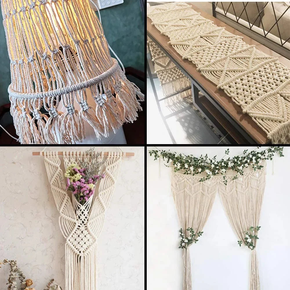 corde macramé coton blanc boucles tissées boho artisanal franges pompons