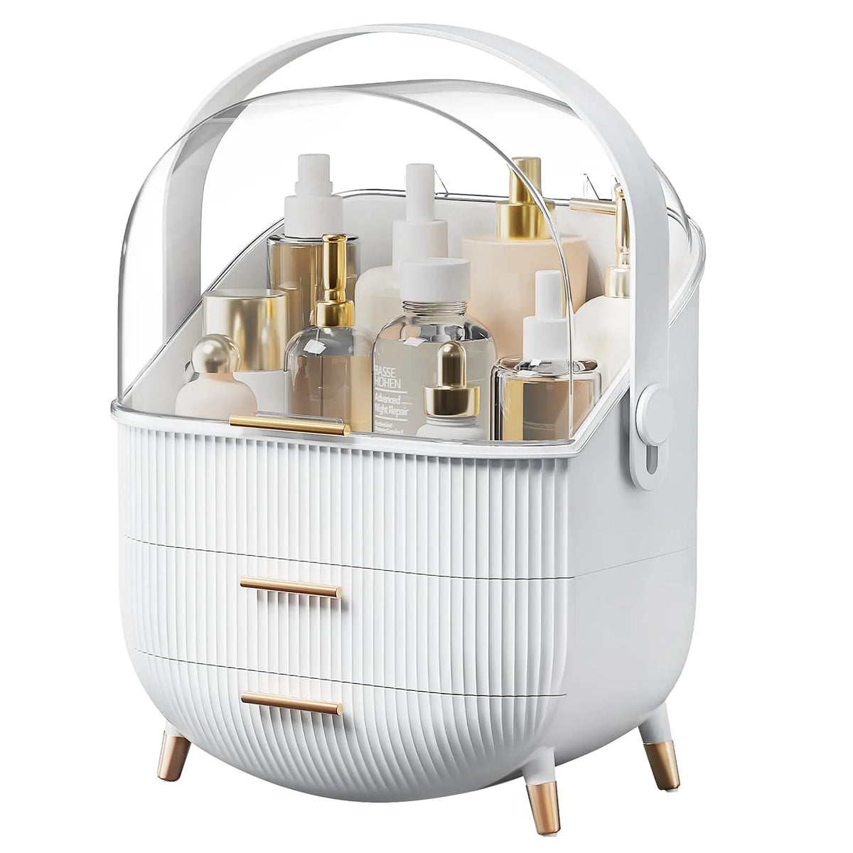 boîte rangement cosmétique moderne noir vert élégante deux étages poignées skincare makeup caddy