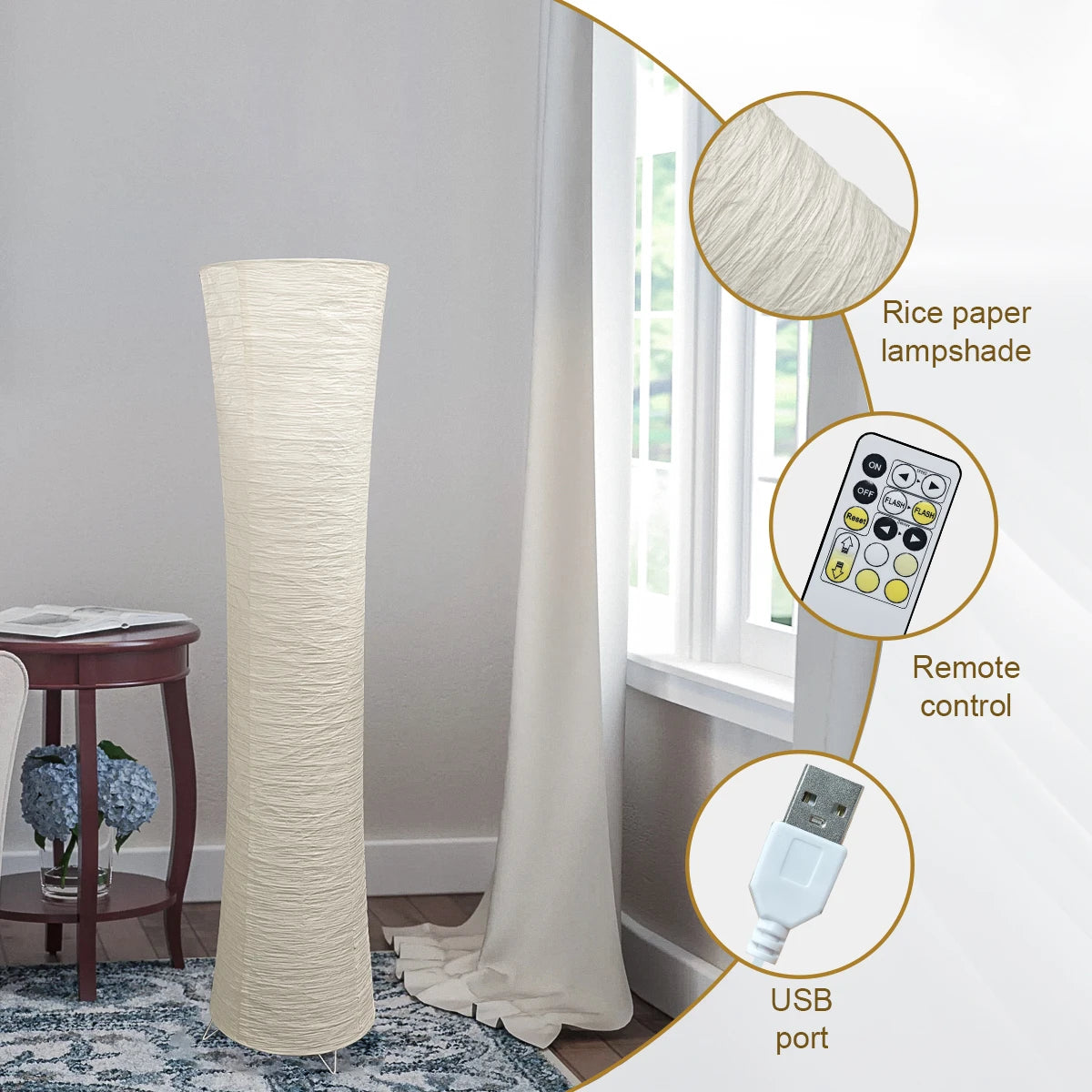 lampe sol moderne blanc rayures horizontales abat jour papier riz télécommande port usb led