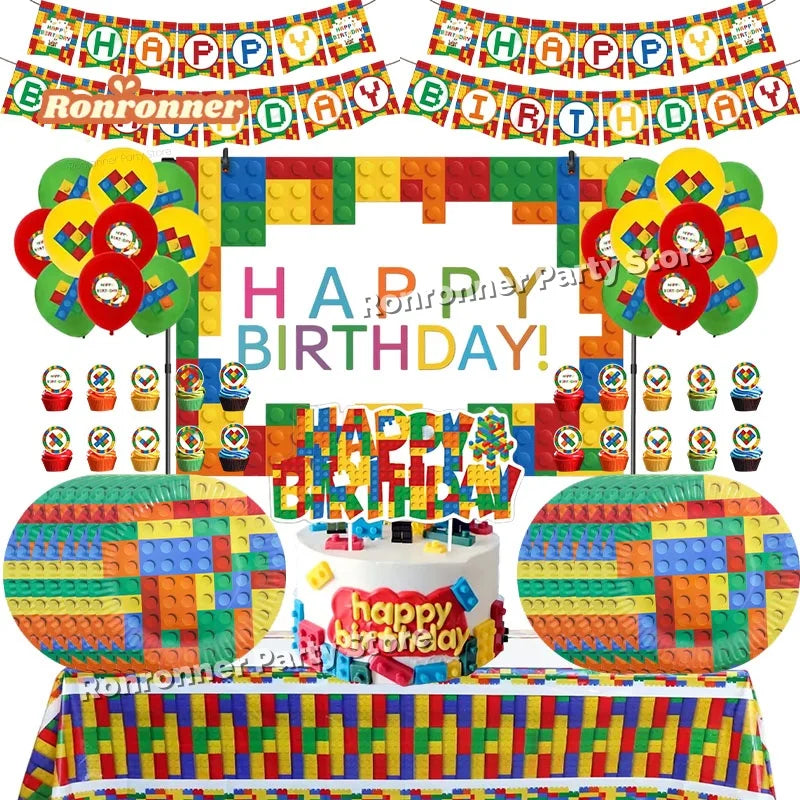 accessoires fête thème construction multicolore serviettes gobelets toppers cupcake gâteau nappe bannières sacs cadeaux