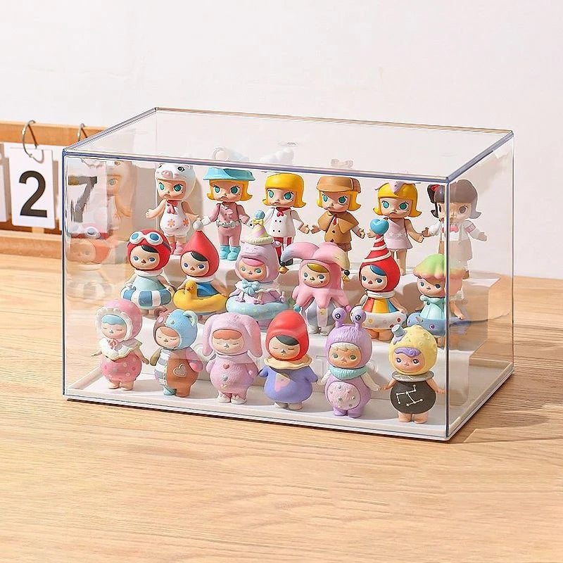 boîtes rangement transparentes figurines collection multicolores personnages stylisés adhésif anti chutes modernes ludiques empilables