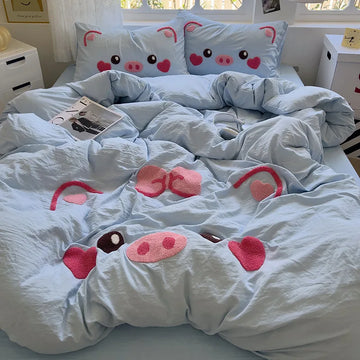 parure lit ensemble housse couette drap taies motif cochon mignon rose doux