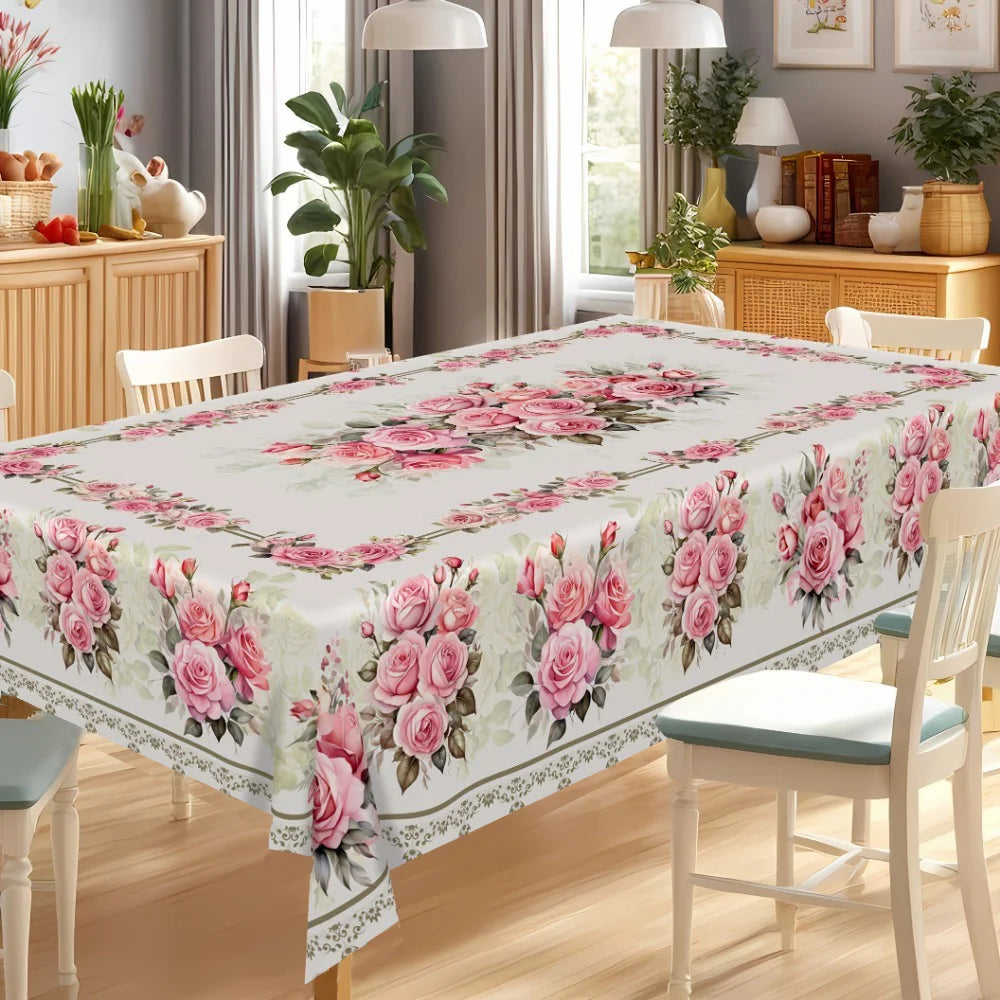 nappe fleur rose printemps moderne rectangle maison décoration table verre assiette couverts