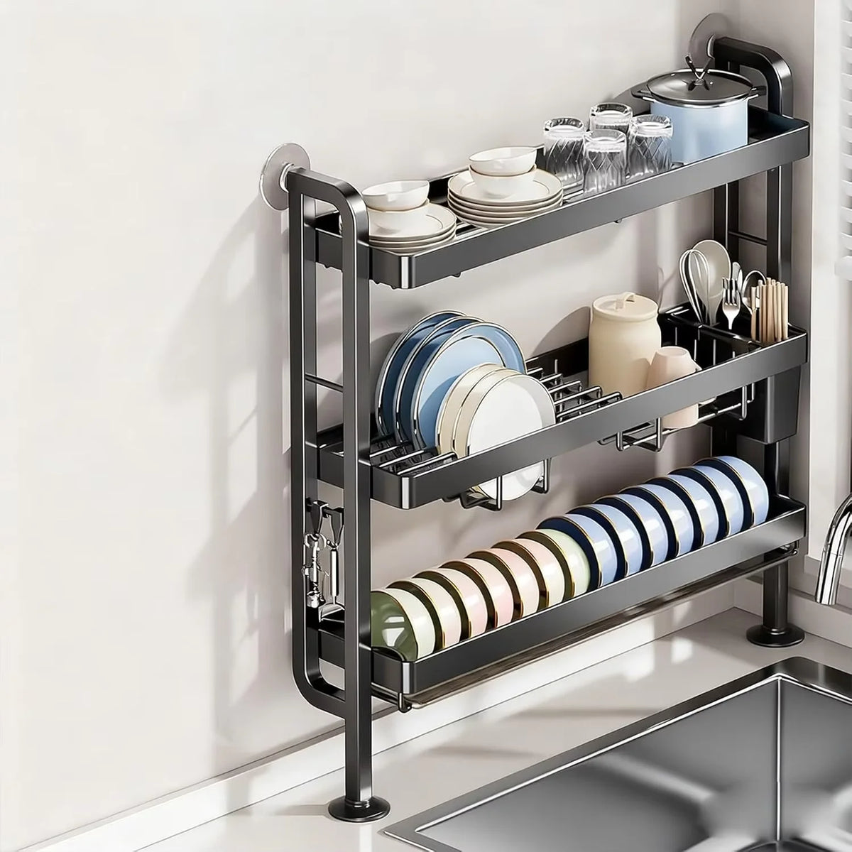 étagère murale moderne niveaux acier inoxydable blanc assiettes verres cuillères rangement serviettes
