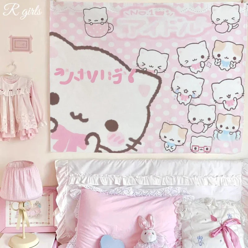 tapisserie murale moderne kawaii chats mignons rose blanche noire 130x150cm