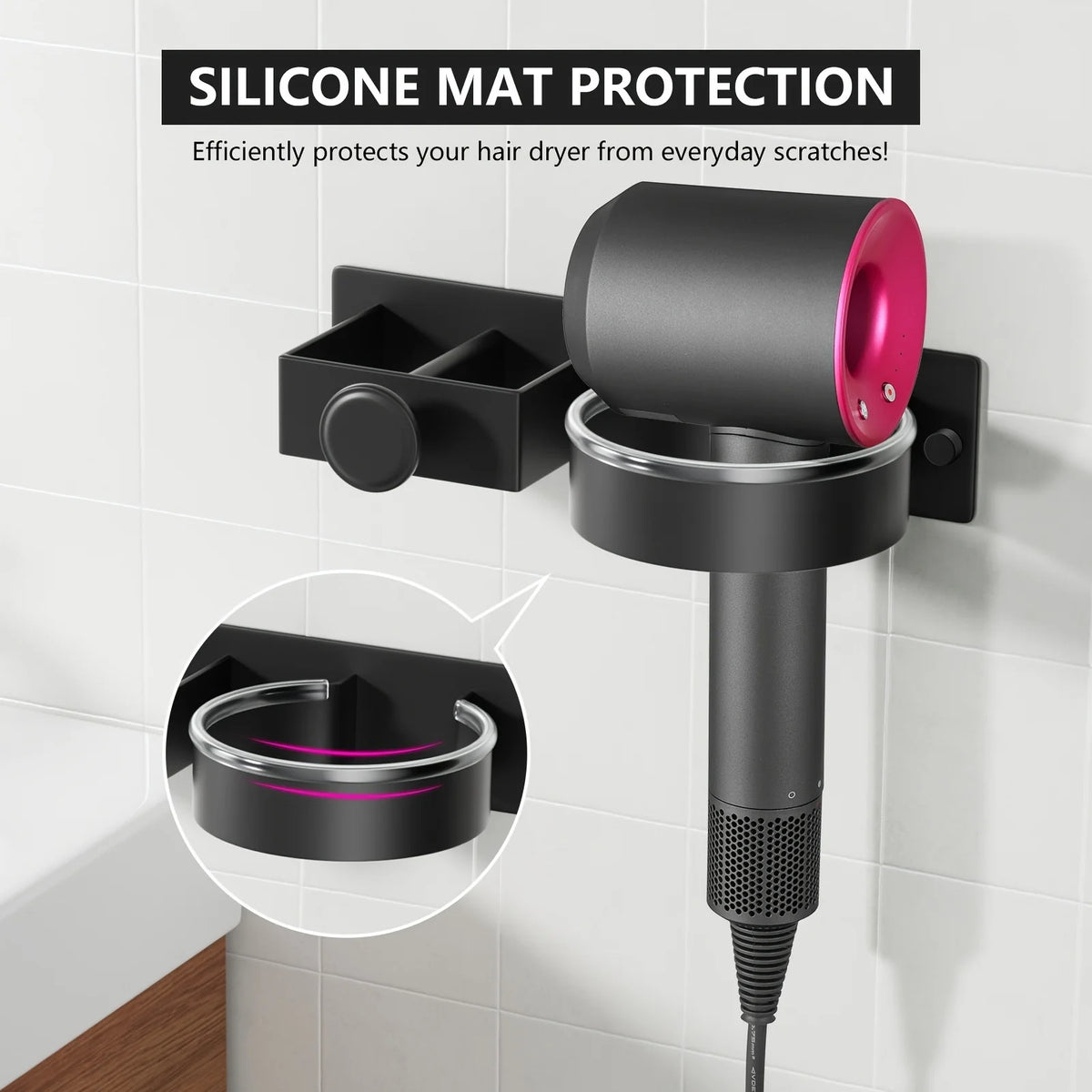 support mural sèche cheveux fer lisser noir moderne épuré anneau silicone étanches