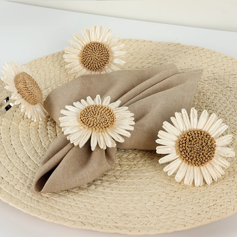 décorations table serviettes fleurs tournesols blanc crème marron rustique 12 pièces tressées naturelles