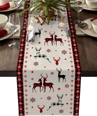 nappe lin rennes flocons noël carreaux rouge noire festive table decoration blanc cassé