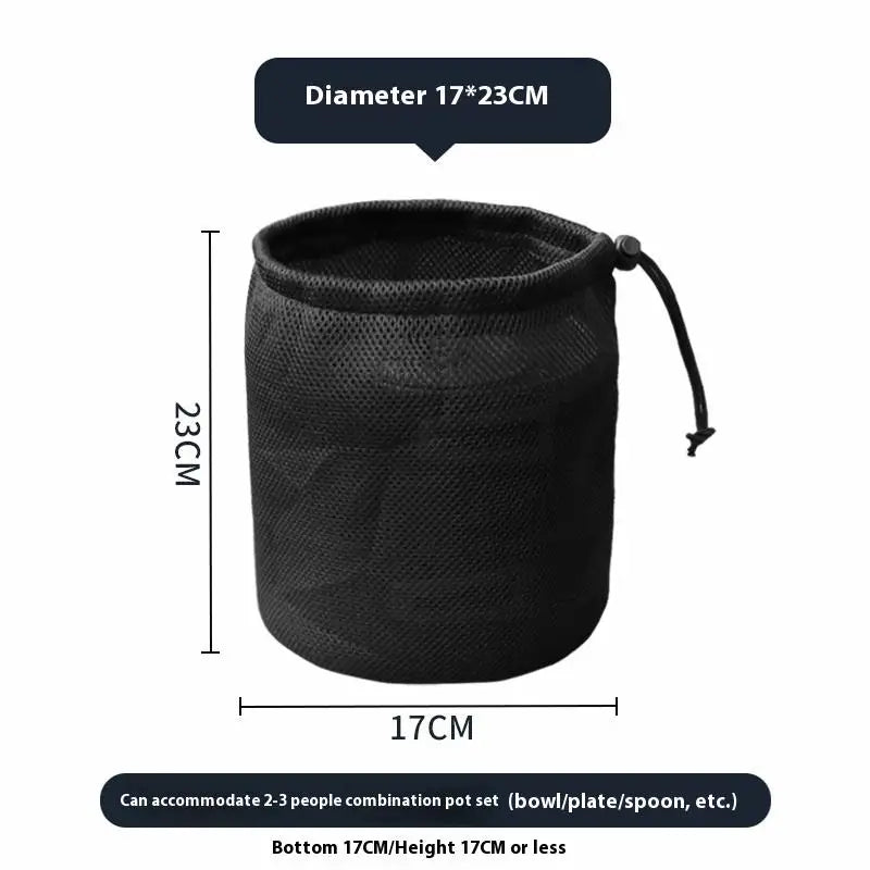 sac cordons noir maille pratique rangement camping cuisine pique nique barbecue vaisselle portatif organizer