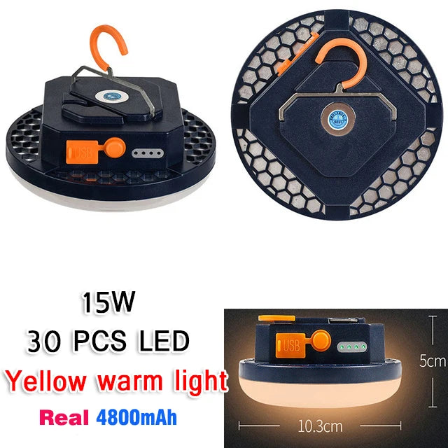 lampe camping rechargeable led bleu marron texture cuir moderne clips indicateur batterie
