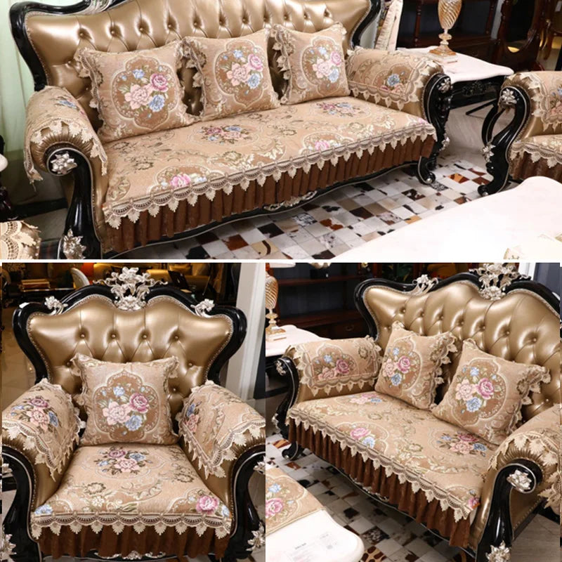 Le mobilier vintage richement décoré avec des motifs floraux luxuriants crée une ambiance élégante et ornementée dans cette pièce.