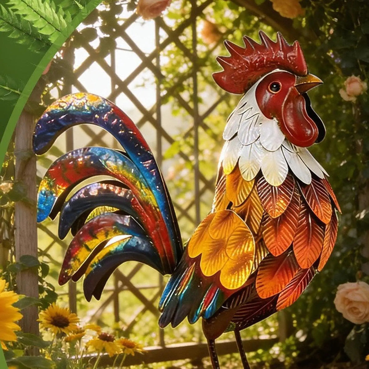 statue coq plumes colorées artisanale métal rouge blanc patio jardin extérieur ornement paysager