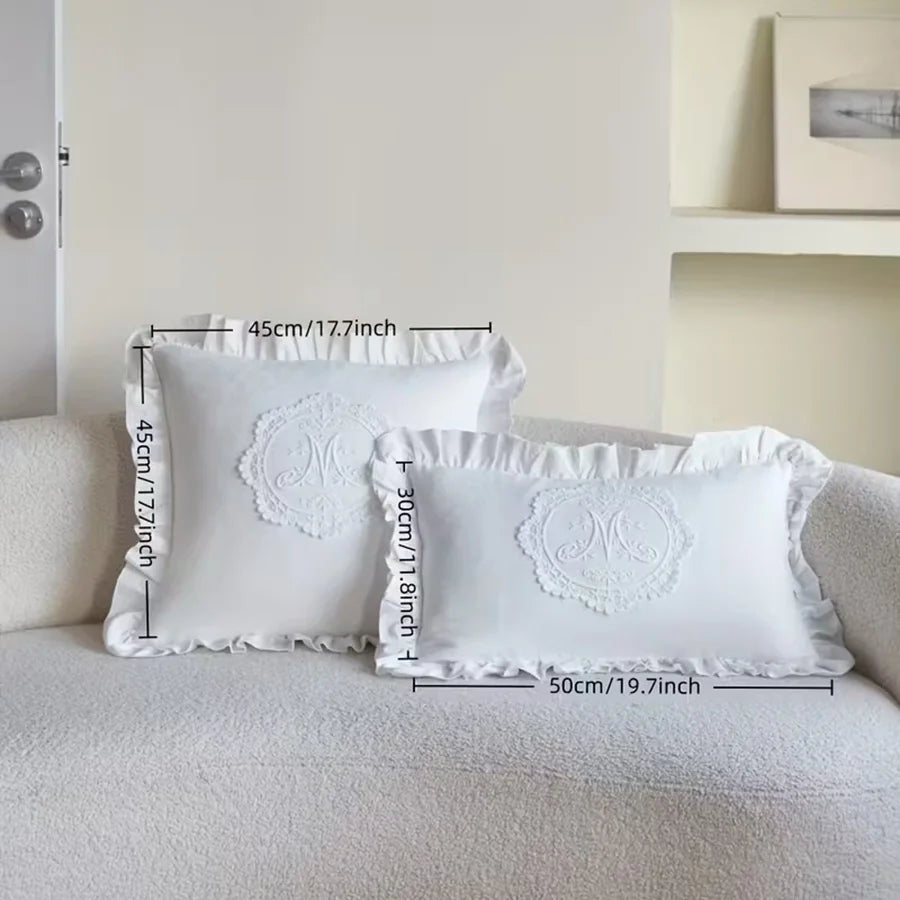 housses coussins brodées motif floral blanc franges romantique shabby chic polyester coton