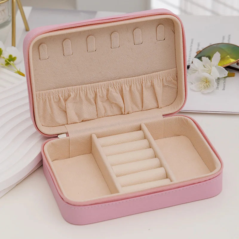 boîte bijoux simili cuir moderne fermeture glissière 16cm 11cm 5cm beige bleu rose