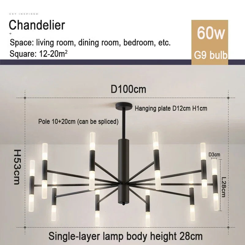 Suspension lumineuse moderne or structure géométrique tubes lumineux fixation crochet éclairage led chambre salon