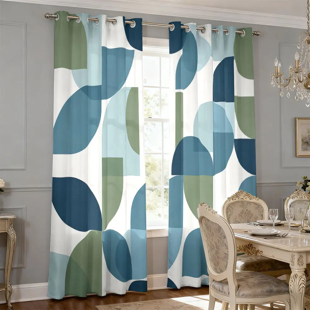 rideaux abstraits semi transparents moderne blanc bleu vert cercles rectangles salon polyester
