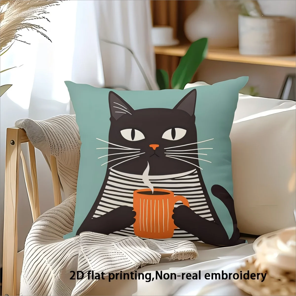 coussin carré imprimé chat noir tasse rayures horizontales bleu rose jaune gris vert polyester
