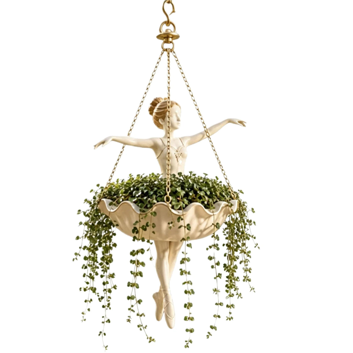 cache pot suspendu danseuse ballet feuilles vertes chaînes dorées intérieur extérieur vintage classique