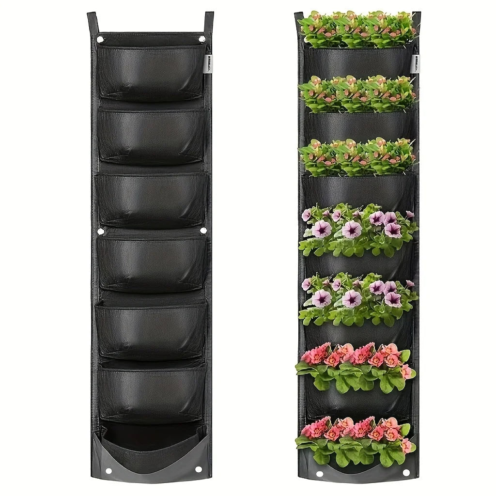 jardin vertical suspendu poches tissu opaque noir fleurs multicolores moderne rustique