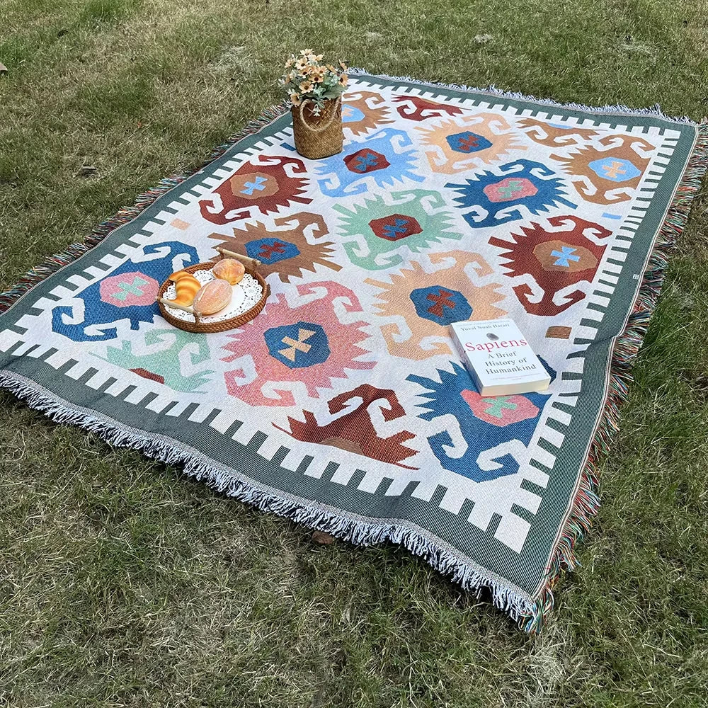 tapis boho chic géométrique franges multicolore pique nique plein air couverture festive opaque ethnique