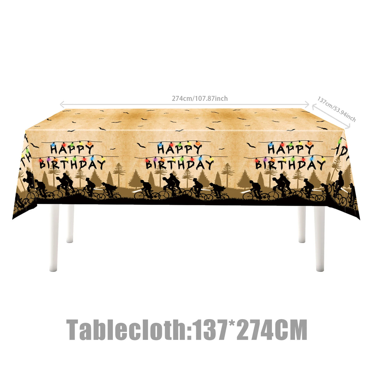 décoration fête anniversaire silhouettes cyclistes arbre guirlande lumineuse happy birthday friends don't lie nappe